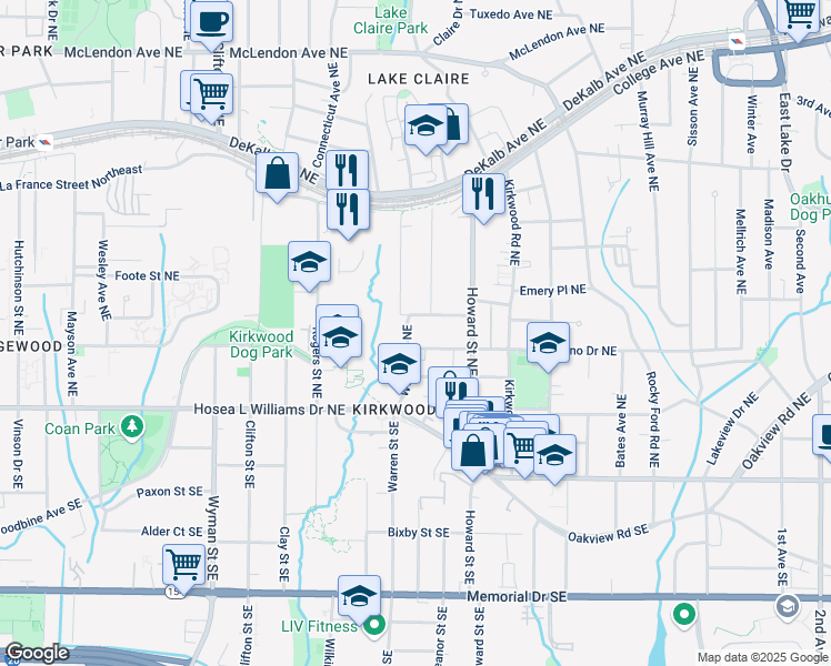 map of restaurants, bars, coffee shops, grocery stores, and more near 125 Warren Street Northeast in Atlanta