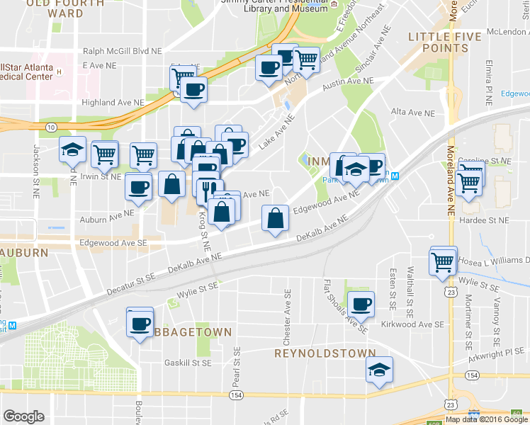 map of restaurants, bars, coffee shops, grocery stores, and more near 836 Euclid Avenue Northeast in Atlanta