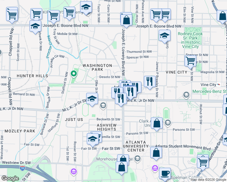 map of restaurants, bars, coffee shops, grocery stores, and more near 945 Harwell Street Northwest in Atlanta