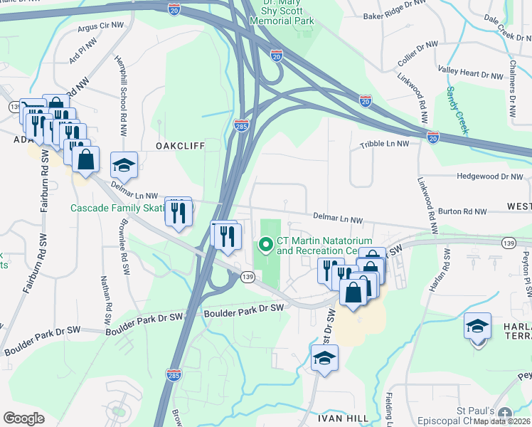 map of restaurants, bars, coffee shops, grocery stores, and more near 3200 Delmar Lane Northwest in Atlanta