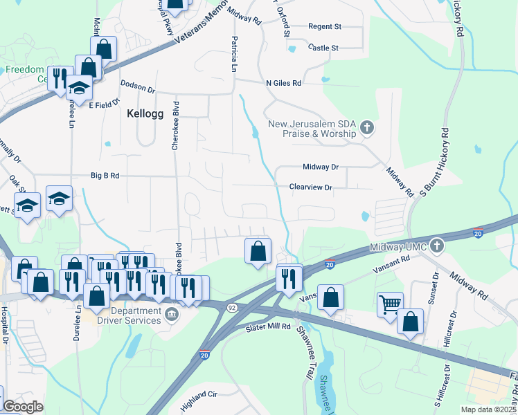 map of restaurants, bars, coffee shops, grocery stores, and more near 8424 Somerton Circle in Douglasville