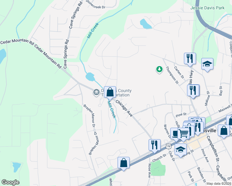 map of restaurants, bars, coffee shops, grocery stores, and more near 8162 Brookbend Drive in Douglasville