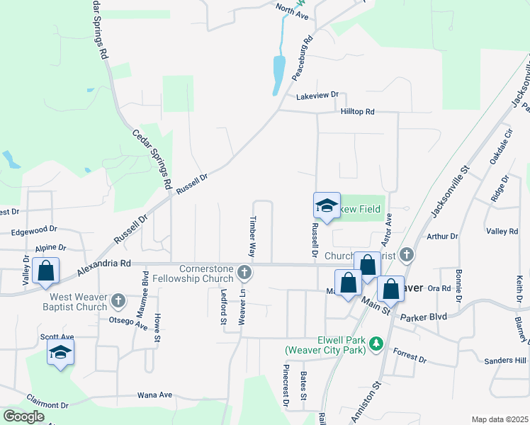 map of restaurants, bars, coffee shops, grocery stores, and more near 718 Timber Way in Weaver