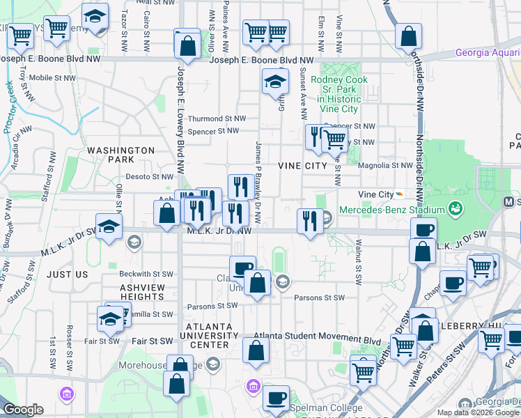 map of restaurants, bars, coffee shops, grocery stores, and more near 39 James P Brawley Drive Northwest in Atlanta