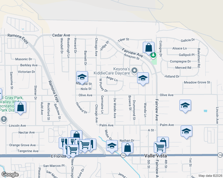 map of restaurants, bars, coffee shops, grocery stores, and more near 43643 Cyril Lane in Hemet