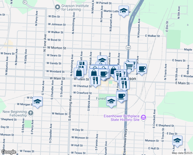 map of restaurants, bars, coffee shops, grocery stores, and more near 501 West Main Street in Denison