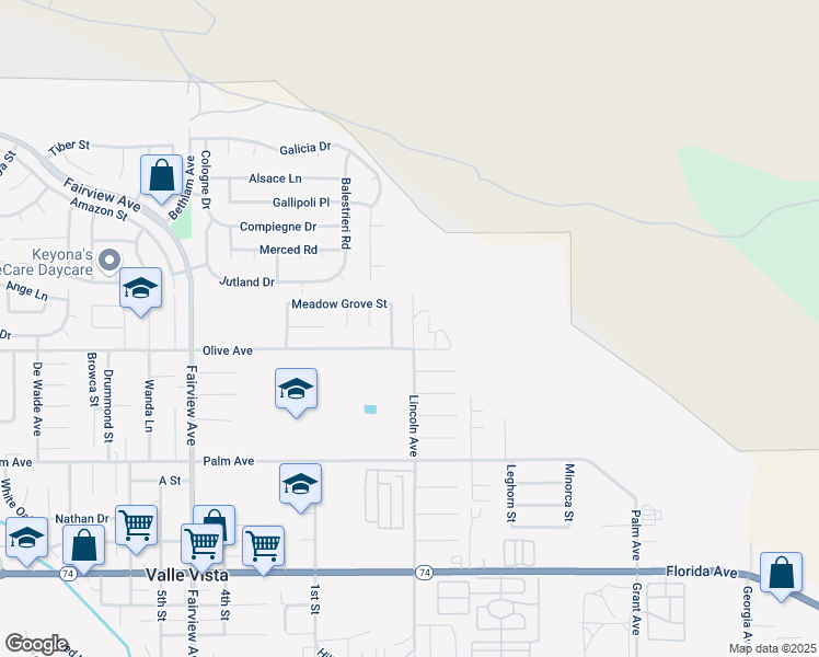 map of restaurants, bars, coffee shops, grocery stores, and more near 25181 Lincoln Avenue in Hemet