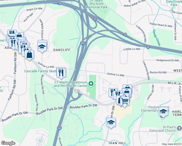 map of restaurants, bars, coffee shops, grocery stores, and more near 3200 Delmar Lane Northwest in Atlanta