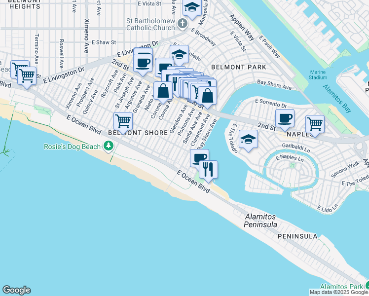 map of restaurants, bars, coffee shops, grocery stores, and more near 5359 East 1st Street in Long Beach