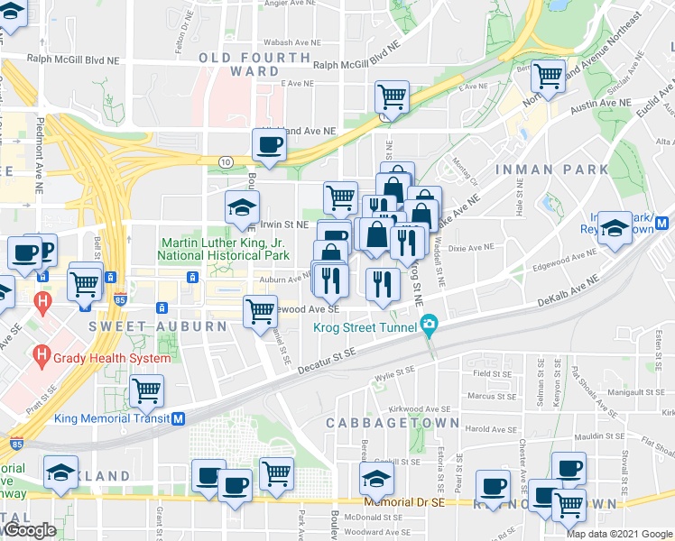 map of restaurants, bars, coffee shops, grocery stores, and more near Auburn Ave NE & Randolph St NE in Atlanta