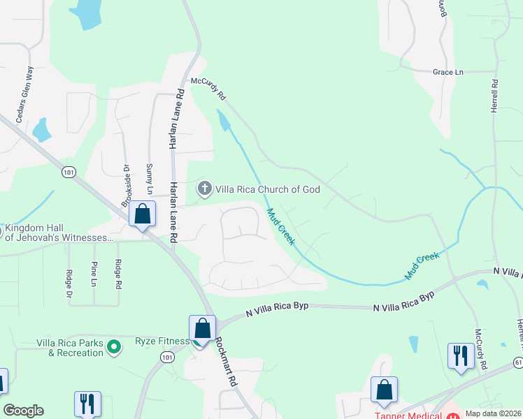 map of restaurants, bars, coffee shops, grocery stores, and more near 1144 Red Bud Circle in Villa Rica