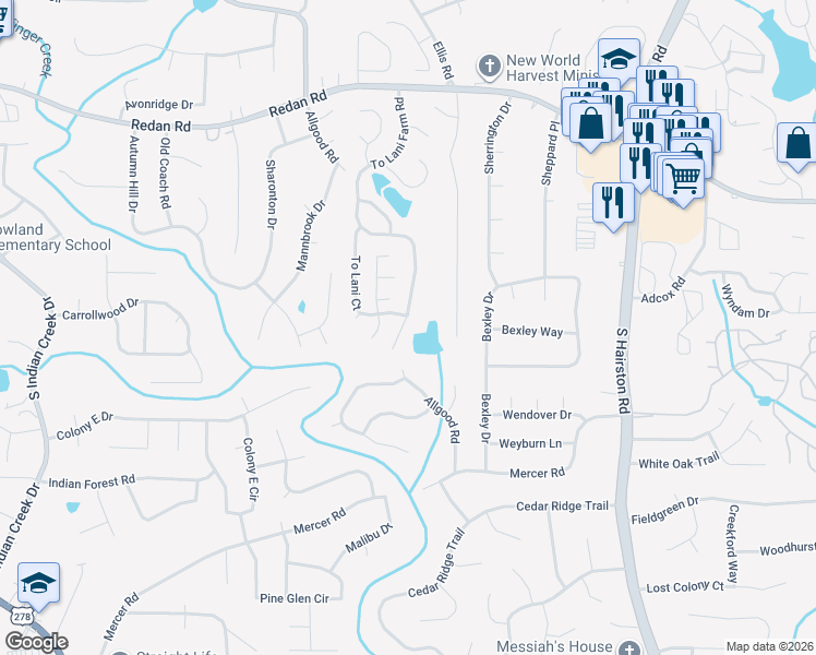 map of restaurants, bars, coffee shops, grocery stores, and more near 1358 To Lani Farm Road in Stone Mountain