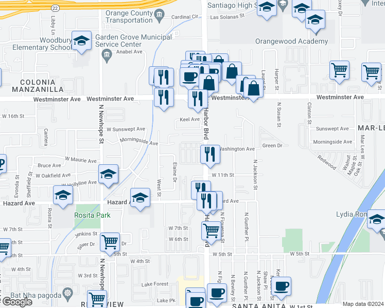 map of restaurants, bars, coffee shops, grocery stores, and more near 708 West Tribella Court in Santa Ana