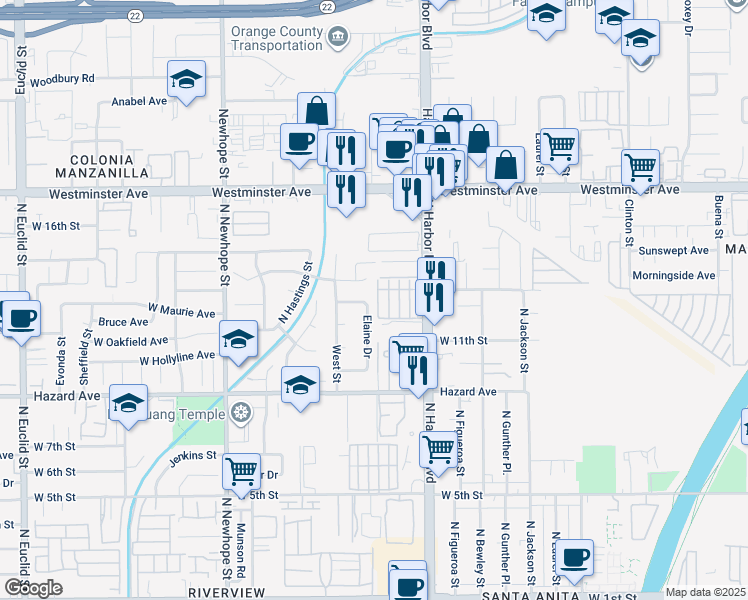 map of restaurants, bars, coffee shops, grocery stores, and more near 1213 Elaine Drive in Santa Ana