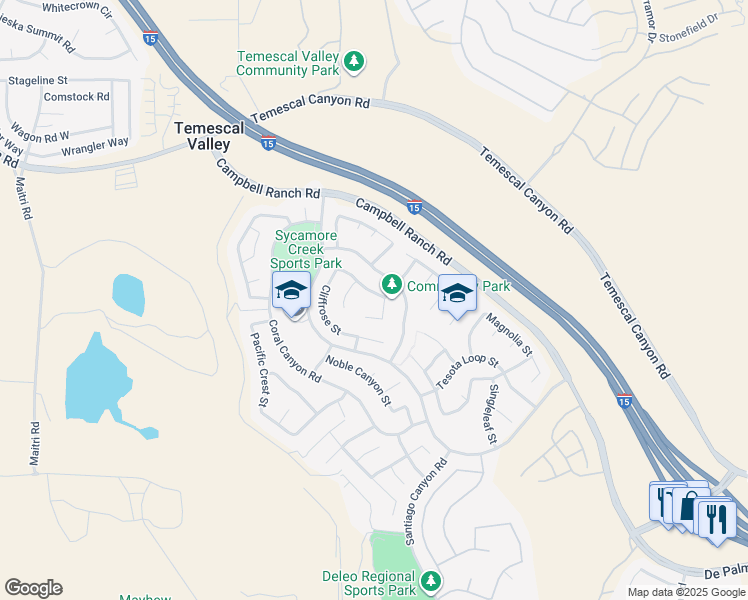 map of restaurants, bars, coffee shops, grocery stores, and more near 11087 Sweetgum Street in Corona