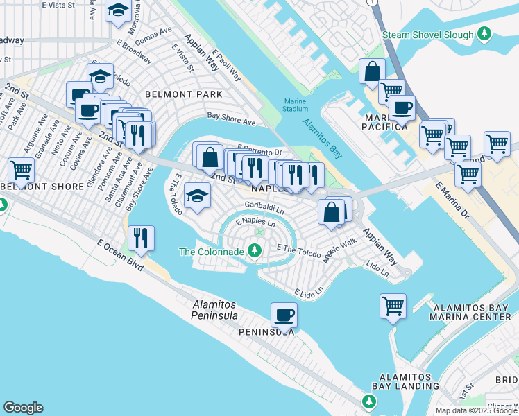 map of restaurants, bars, coffee shops, grocery stores, and more near 87 Rivo Alto Canal in Long Beach