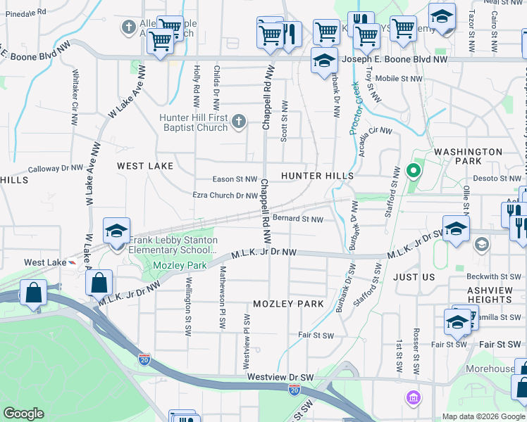 map of restaurants, bars, coffee shops, grocery stores, and more near 26 Chappell Road Northwest in Atlanta