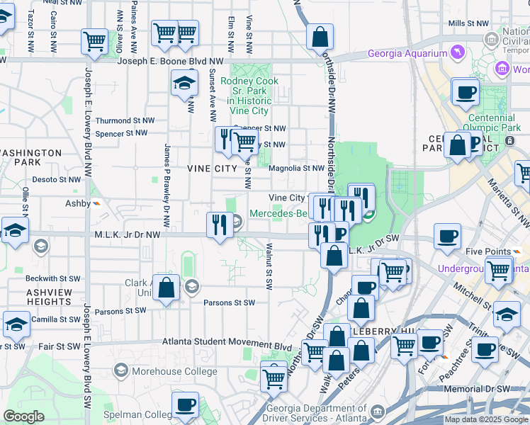 map of restaurants, bars, coffee shops, grocery stores, and more near 587 University Place Northwest in Atlanta