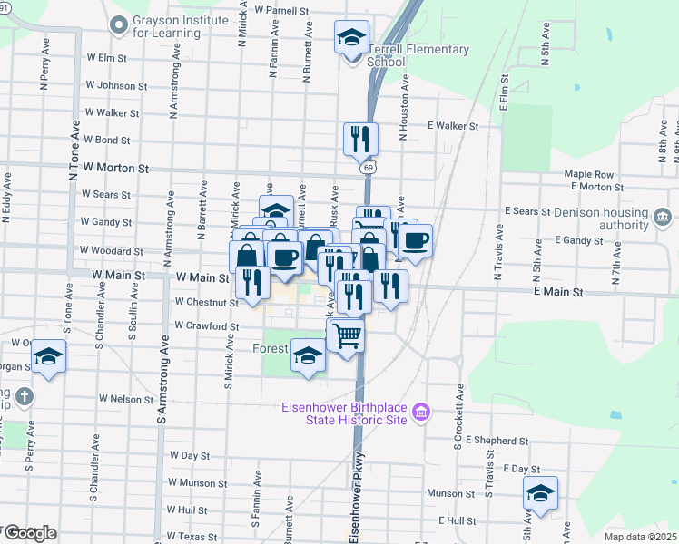 map of restaurants, bars, coffee shops, grocery stores, and more near 310 West Woodard Street in Denison