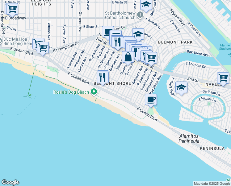 map of restaurants, bars, coffee shops, grocery stores, and more near 5239 East Ocean Boulevard in Long Beach