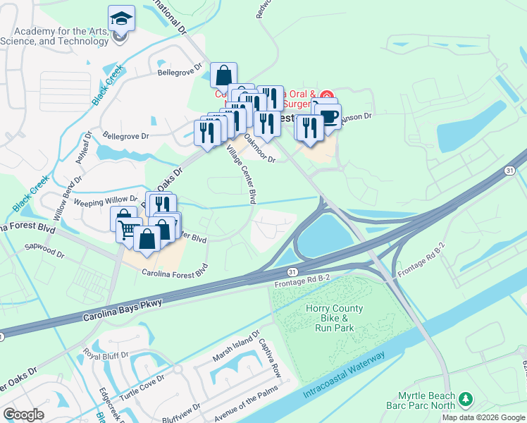 map of restaurants, bars, coffee shops, grocery stores, and more near 198 Village Center Boulevard in Myrtle Beach