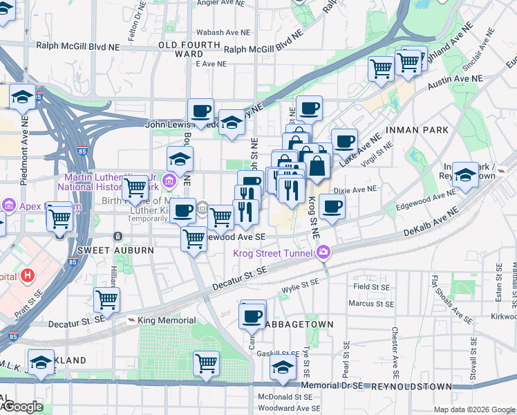 map of restaurants, bars, coffee shops, grocery stores, and more near 603 Auburn Avenue Northeast in Atlanta