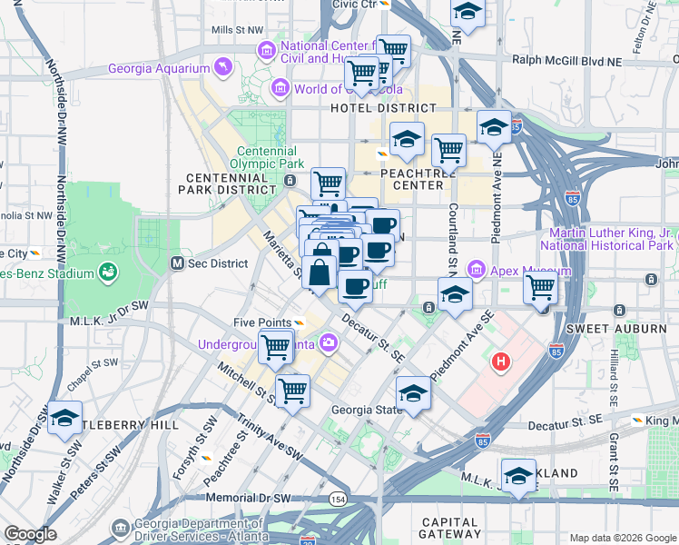 map of restaurants, bars, coffee shops, grocery stores, and more near 57 Forsyth Street Northwest in Atlanta