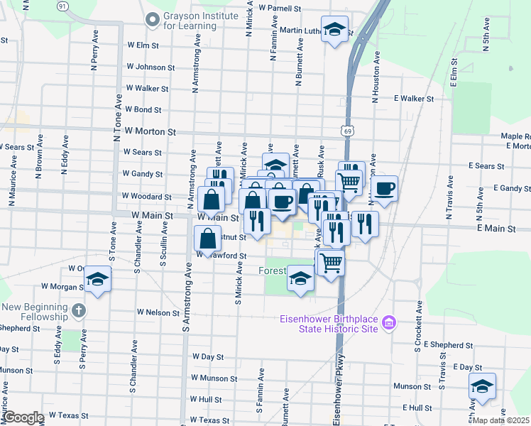 map of restaurants, bars, coffee shops, grocery stores, and more near 501 West Main Street in Denison