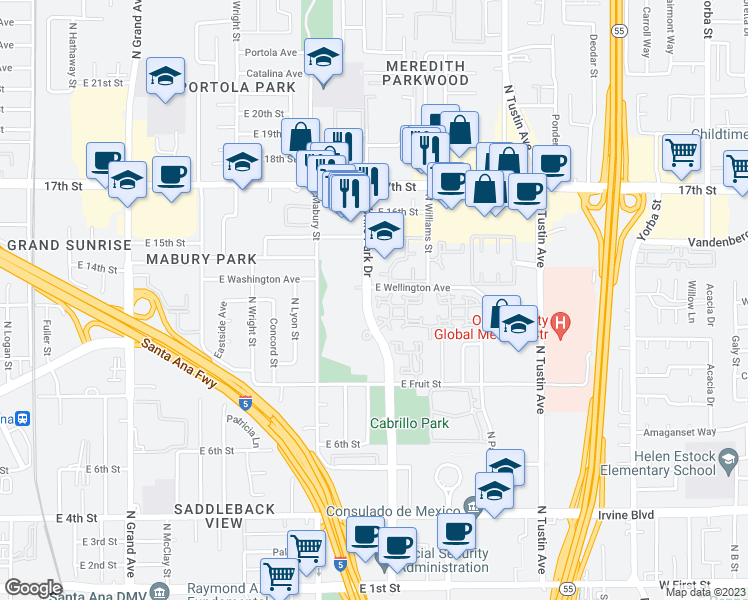 map of restaurants, bars, coffee shops, grocery stores, and more near 1261 Cabrillo Park Drive in Santa Ana