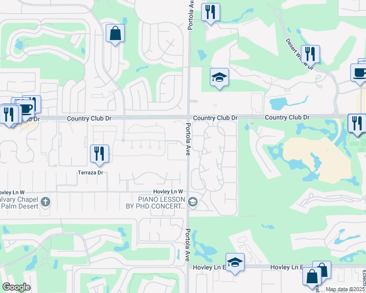 map of restaurants, bars, coffee shops, grocery stores, and more near 40445 Portola Avenue in Palm Desert