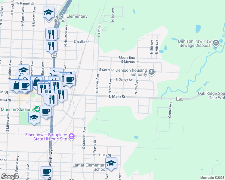 map of restaurants, bars, coffee shops, grocery stores, and more near 510 East Woodard Street in Denison
