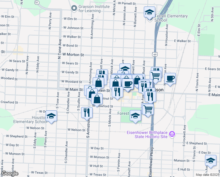 map of restaurants, bars, coffee shops, grocery stores, and more near 601 West Main Street in Denison