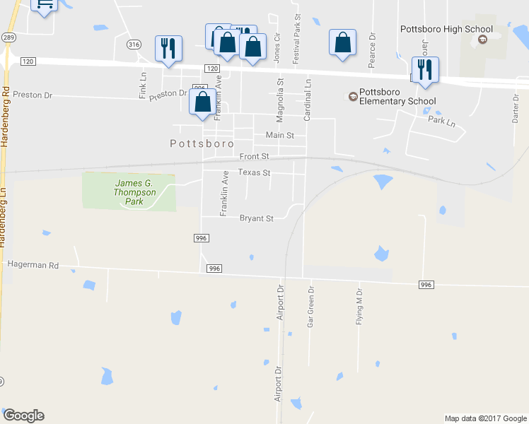 map of restaurants, bars, coffee shops, grocery stores, and more near 204 Bryant Street in Pottsboro