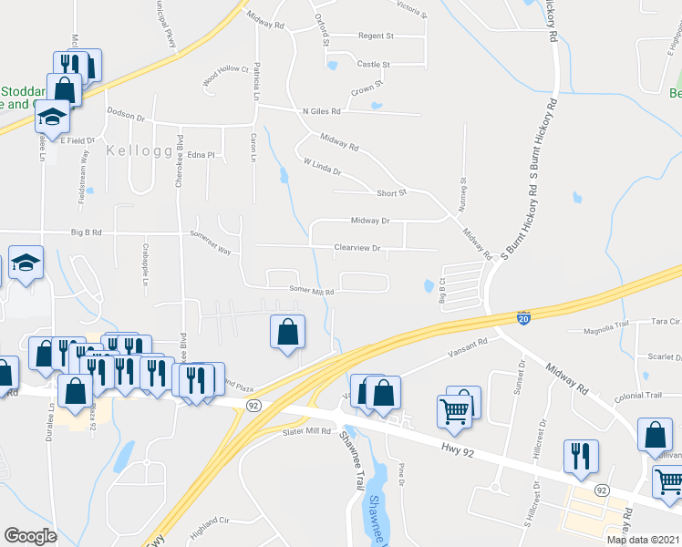 map of restaurants, bars, coffee shops, grocery stores, and more near 5525 Somer Mill Road in Douglasville