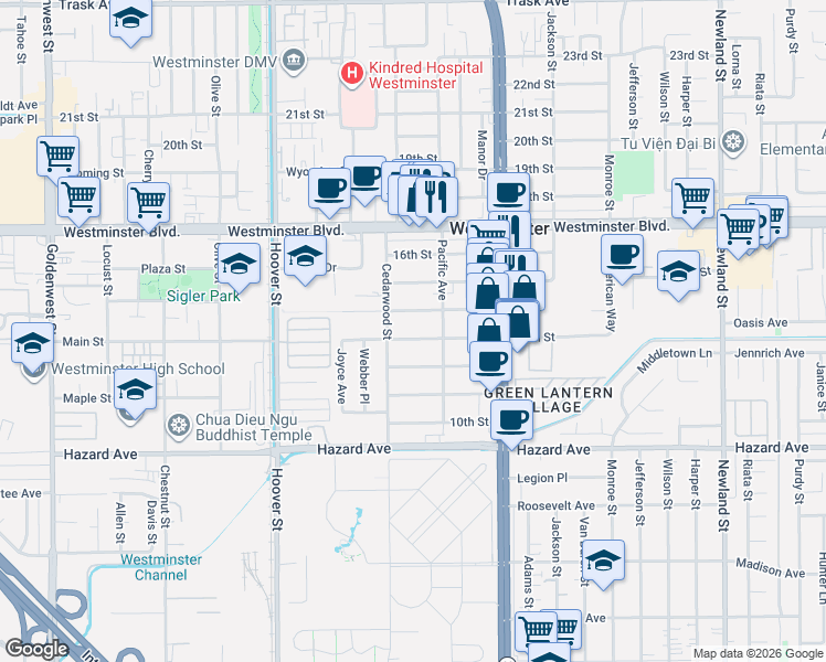 map of restaurants, bars, coffee shops, grocery stores, and more near 7791 13th Street in Westminster