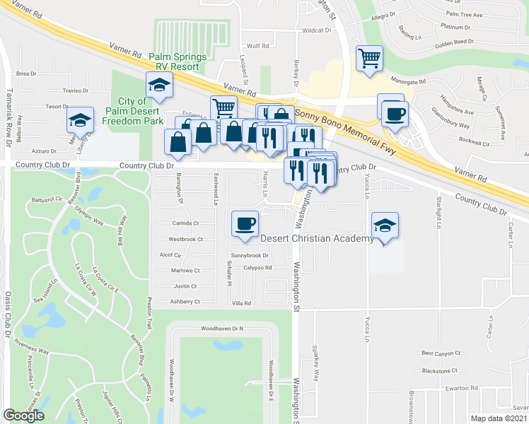 map of restaurants, bars, coffee shops, grocery stores, and more near 40215 Harris Lane in Palm Desert