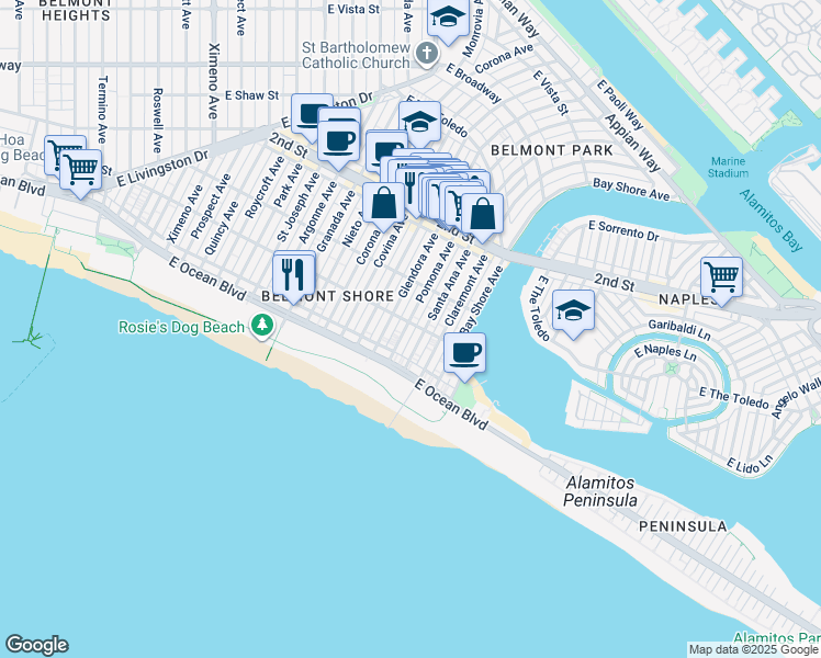 map of restaurants, bars, coffee shops, grocery stores, and more near 70 Pomona Avenue in Long Beach