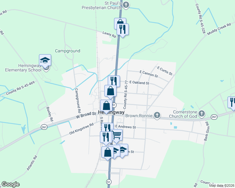 map of restaurants, bars, coffee shops, grocery stores, and more near 199 East Richardson Avenue in Hemingway