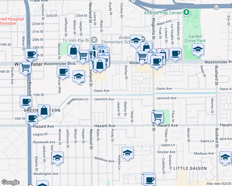 map of restaurants, bars, coffee shops, grocery stores, and more near 8684 Oasis Avenue in Westminster