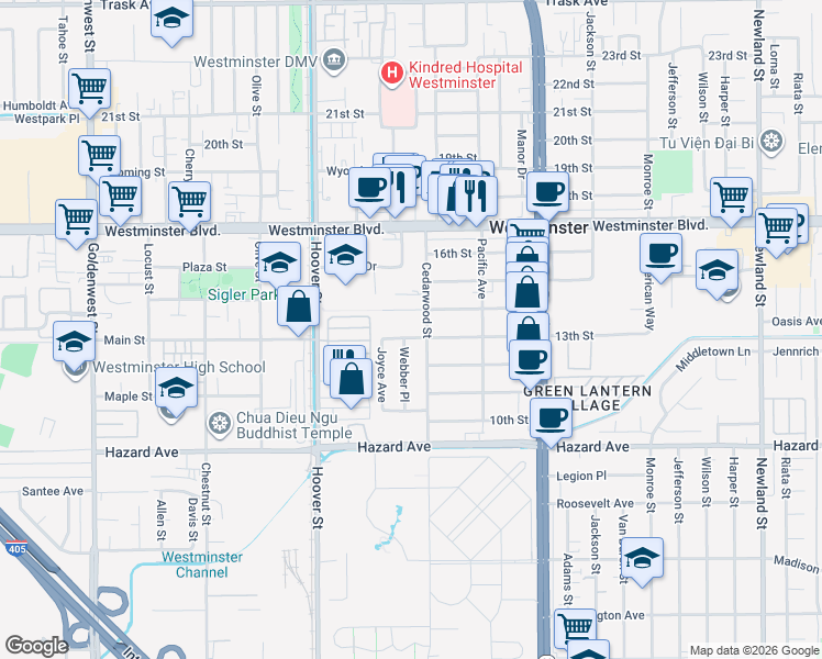 map of restaurants, bars, coffee shops, grocery stores, and more near 14211 Cedarwood Street in Westminster