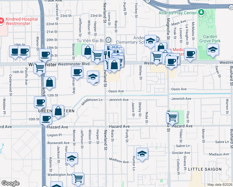 map of restaurants, bars, coffee shops, grocery stores, and more near 8572 Oasis Avenue in Westminster