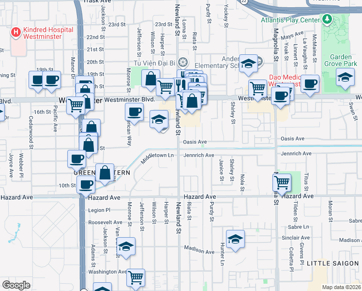 map of restaurants, bars, coffee shops, grocery stores, and more near 8502 Oasis Avenue in Westminster