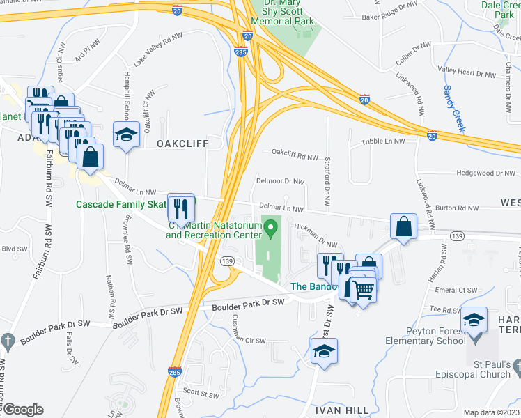 map of restaurants, bars, coffee shops, grocery stores, and more near 3212 Delmar Lane Northwest in Atlanta