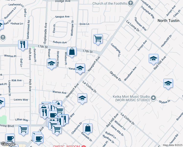 map of restaurants, bars, coffee shops, grocery stores, and more near 1041 Regis Way in Tustin