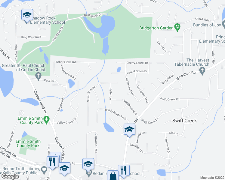 map of restaurants, bars, coffee shops, grocery stores, and more near 1268 Halter Lane in Lithonia