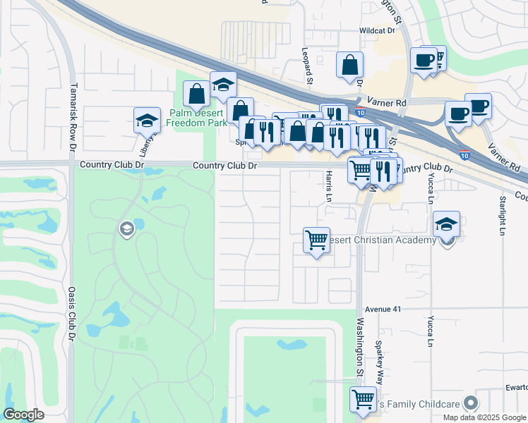map of restaurants, bars, coffee shops, grocery stores, and more near 77679 Carla Court in Palm Desert