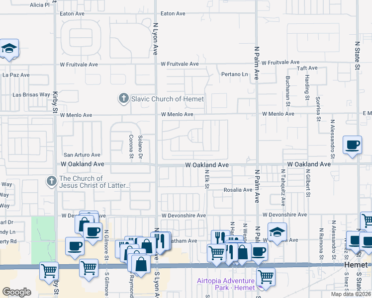 map of restaurants, bars, coffee shops, grocery stores, and more near 1490 Cordova Drive in Hemet