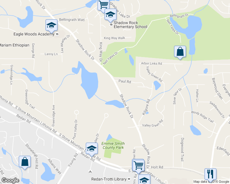map of restaurants, bars, coffee shops, grocery stores, and more near 6199 Shadow Rock Drive in Lithonia