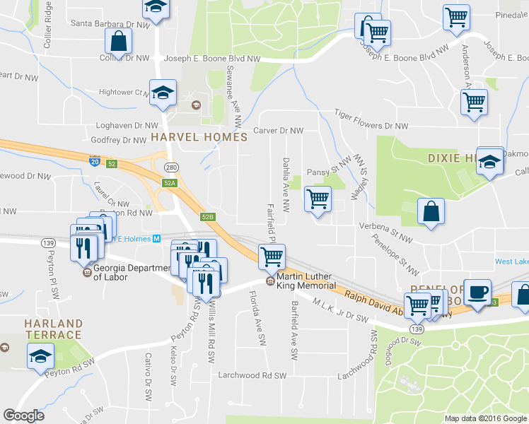 map of restaurants, bars, coffee shops, grocery stores, and more near 94 Fairfield Place Northwest in Atlanta