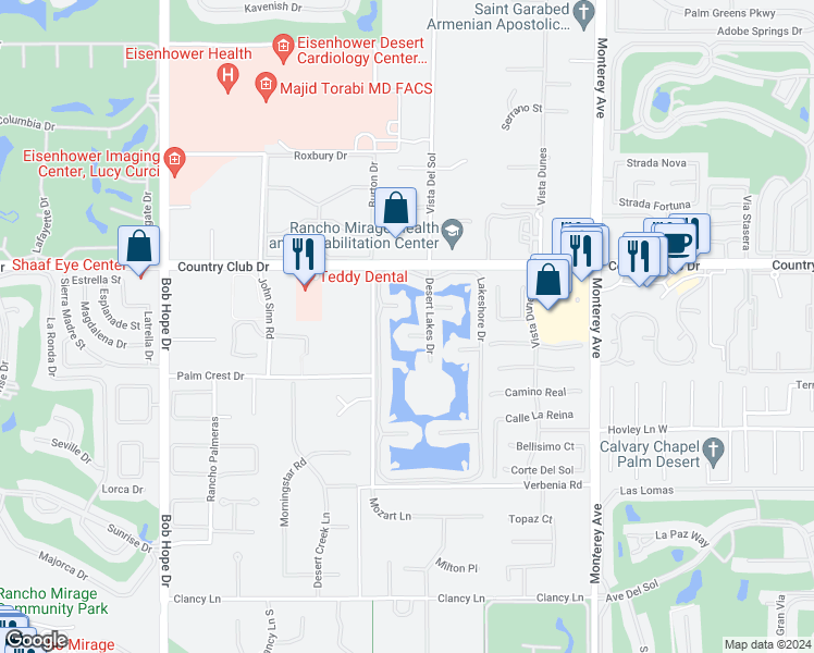 map of restaurants, bars, coffee shops, grocery stores, and more near 206 Desert Lakes Drive in Rancho Mirage